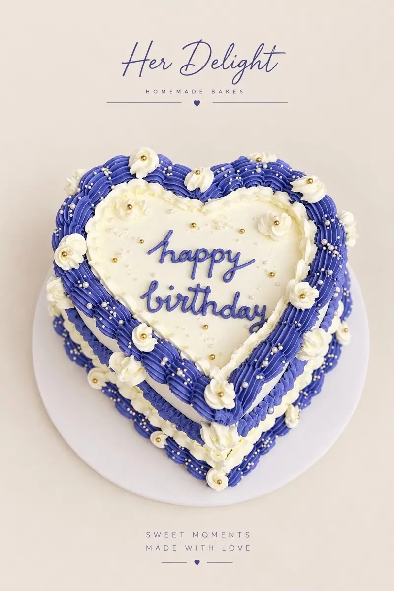 Vintage piped heart birthday cake in blue